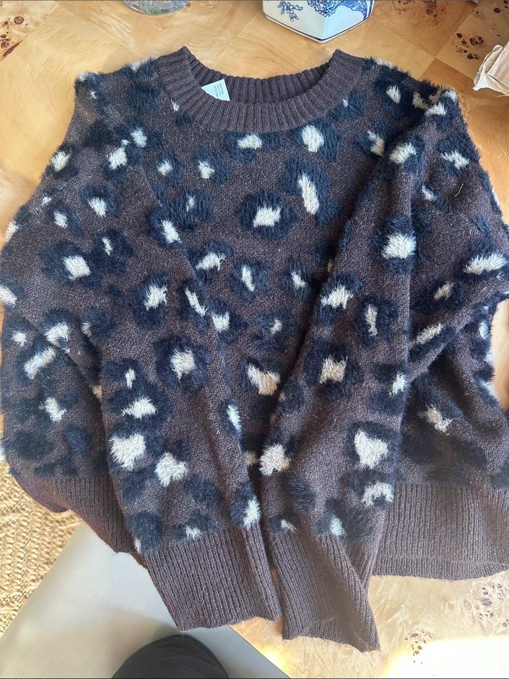 American Eagle Outfitters Brown Leopard-Print Fuzzy Crewneck Sweater